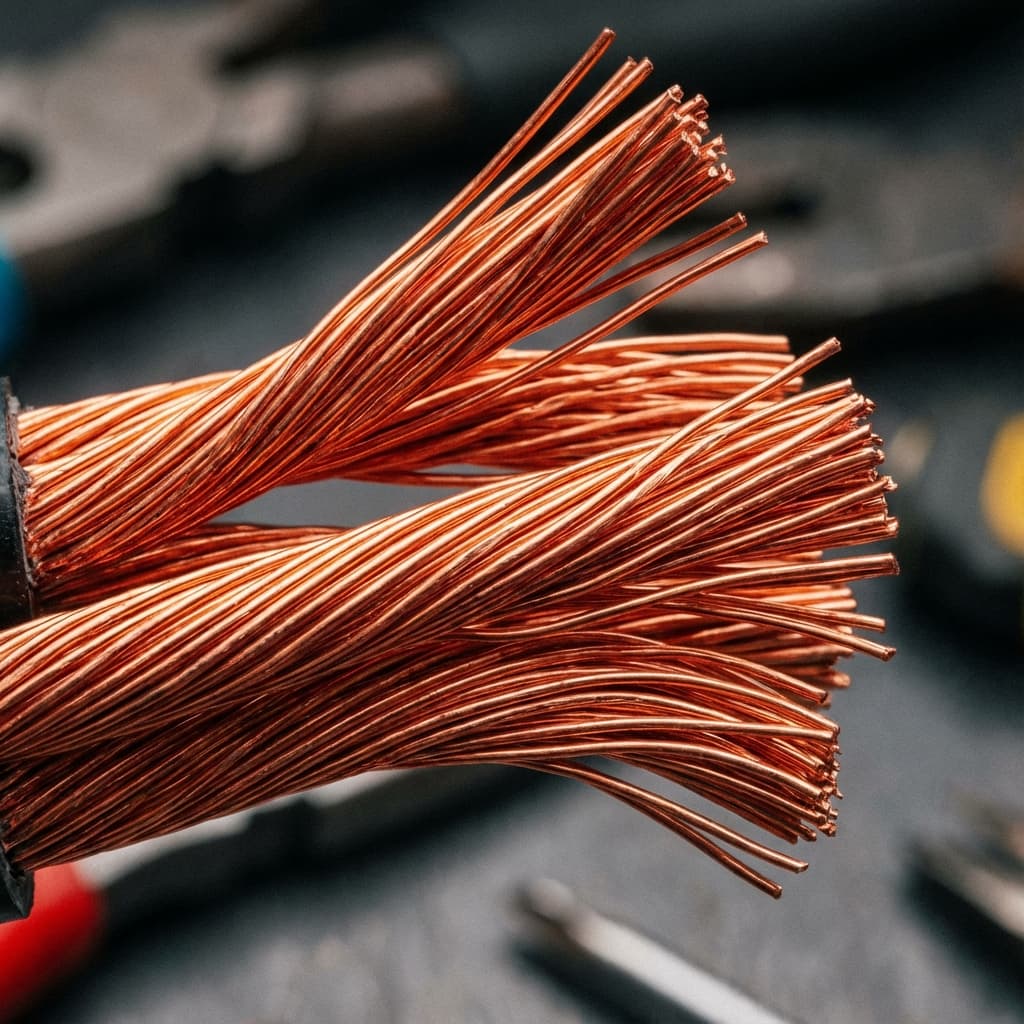 Macro shot of stripped copper wire bundles