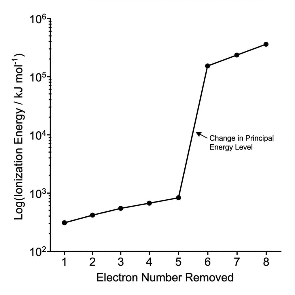 Graph of Successive Ionization Energies showing a large jump between 5th and 6th electron