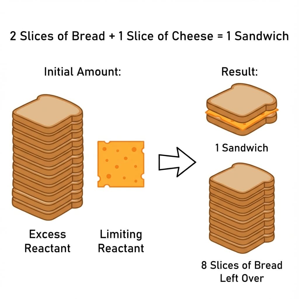 Visual analogy of limiting reactant (e.g. Bread + Cheese)