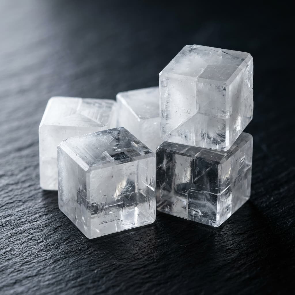 Macro photograph of cubic sodium chloride crystals
