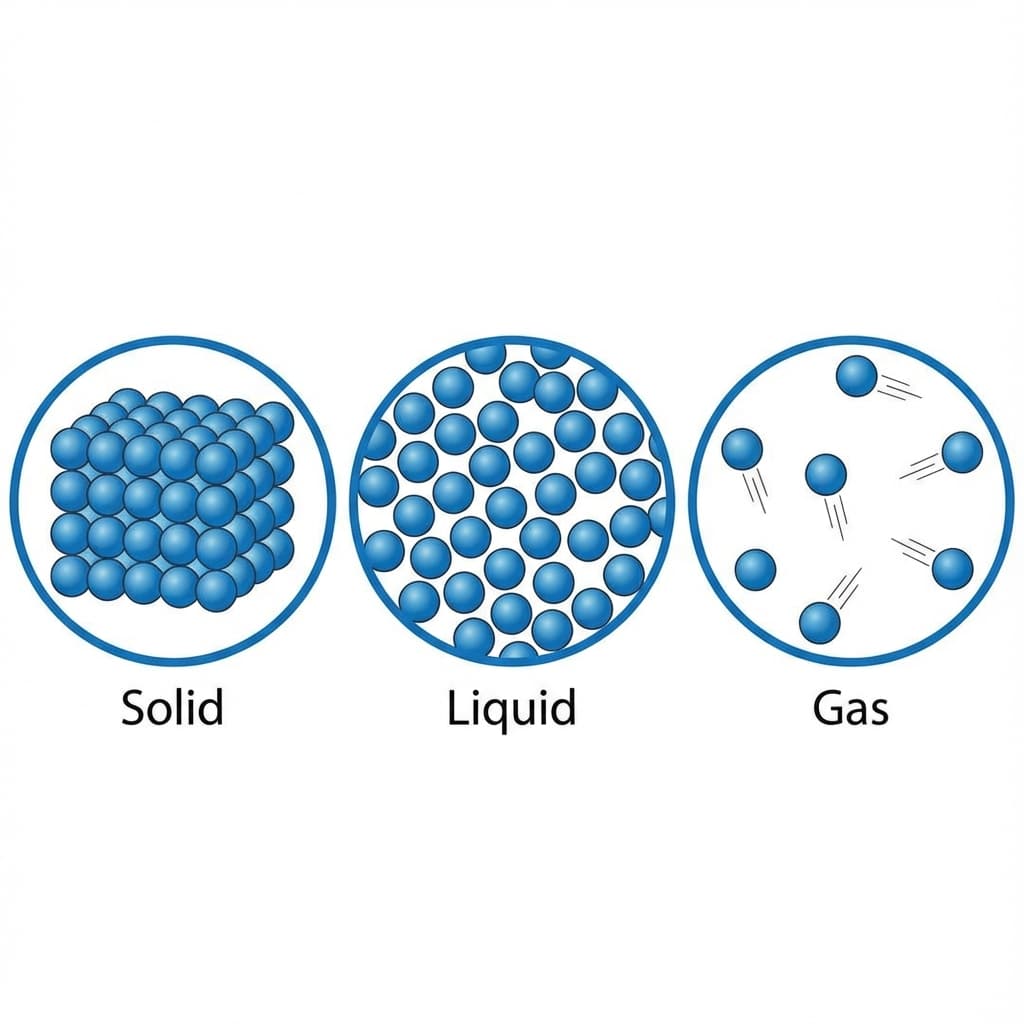 Particle arrangement: Solid (Lattice), Liquid (Random), Gas (Far apart)